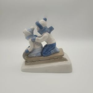 Sledding Children 1992 Figurine Blue White Porcelain​​​